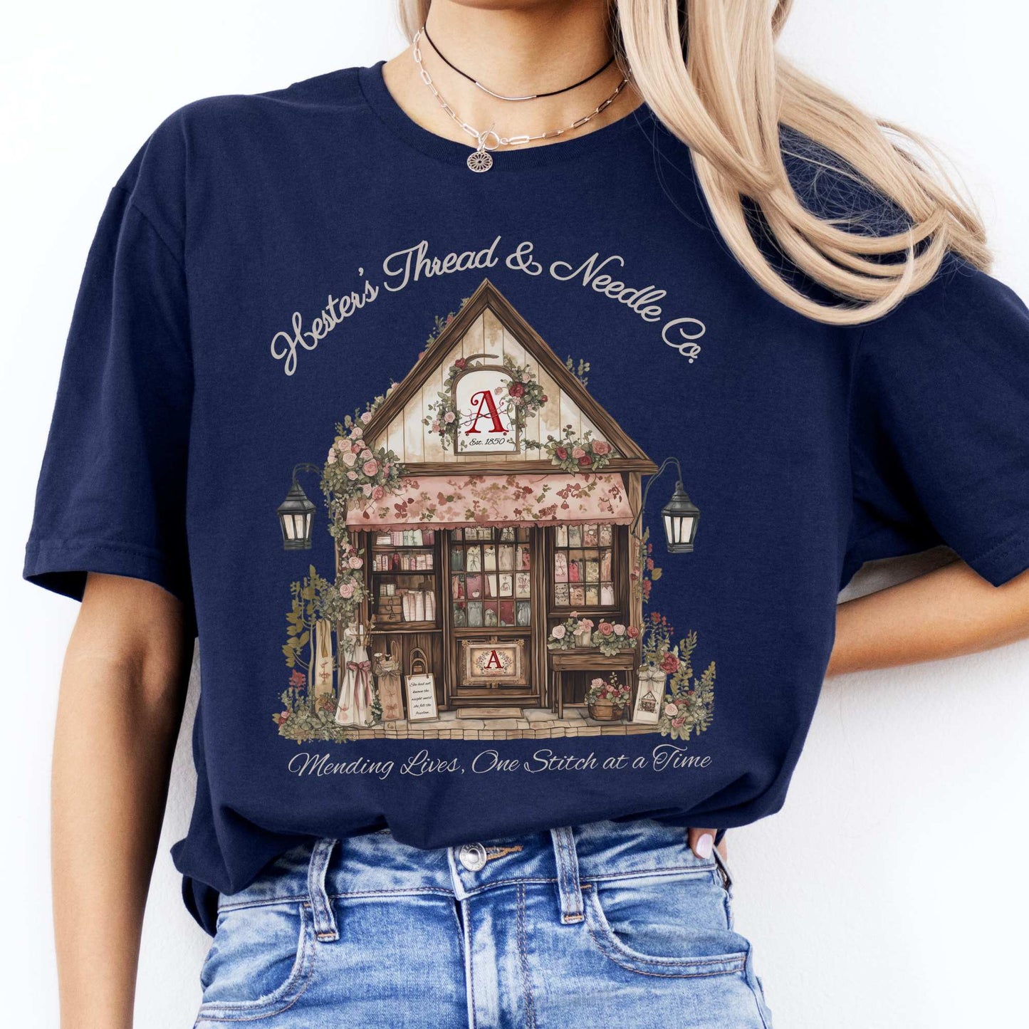 Hester's Thread & Needle Co. Scarlet Letter Tee Navy / S T-Shirt The Mystic Eden Bookish Book Lovers