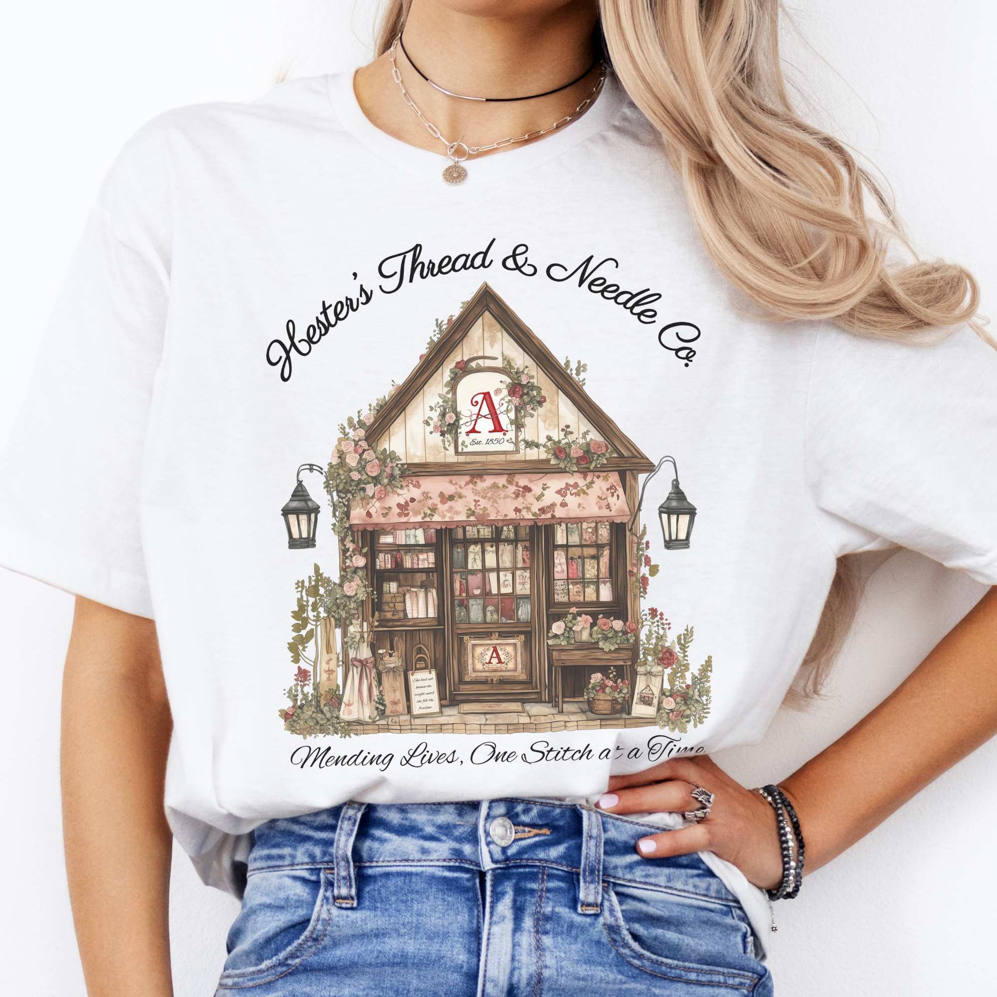 Hester's Thread & Needle Co. Scarlet Letter Tee White / S T-Shirt The Mystic Eden Bookish Book Lovers