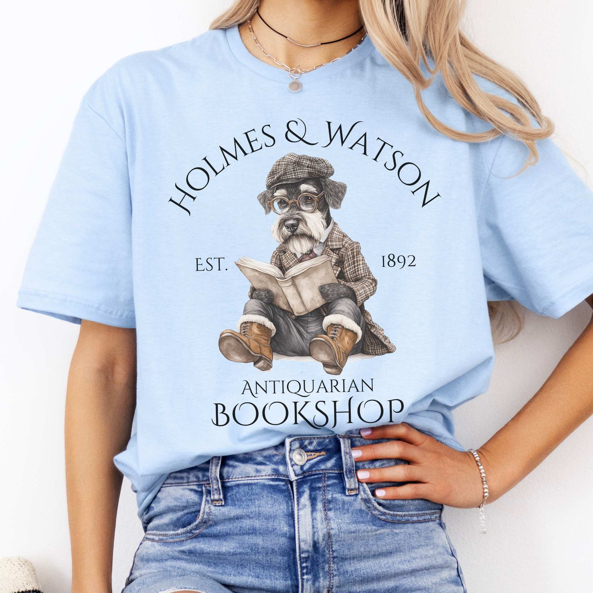 Holmes & Watson Antiquarian Bookshop Sherlock Dog Shirt Light Blue / S T-Shirt The Mystic Eden Bookish Book Lovers