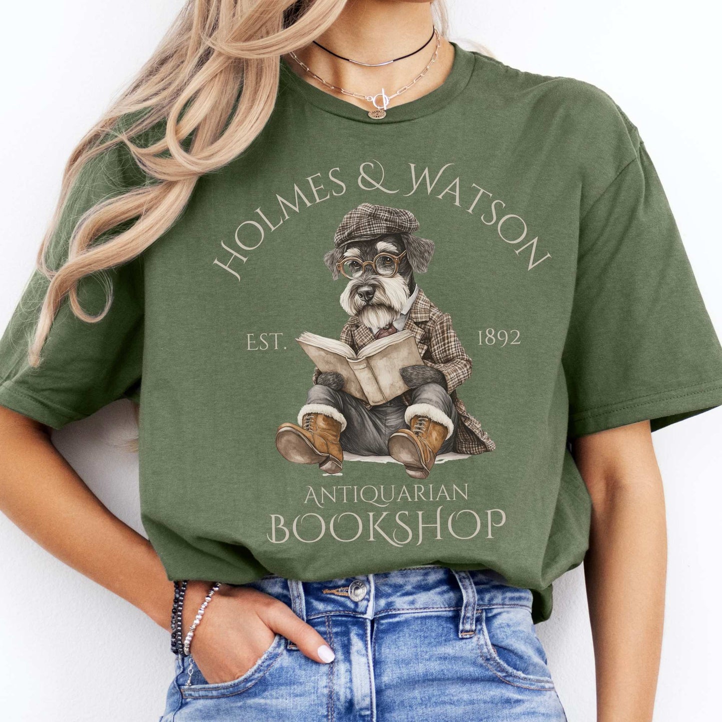 Holmes & Watson Antiquarian Bookshop Sherlock Dog Shirt Military Green / S T-Shirt The Mystic Eden Bookish Book Lovers