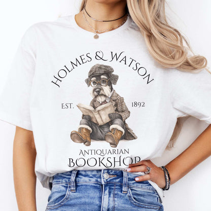 Holmes & Watson Antiquarian Bookshop Sherlock Dog Shirt White / S T-Shirt The Mystic Eden Bookish Book Lovers