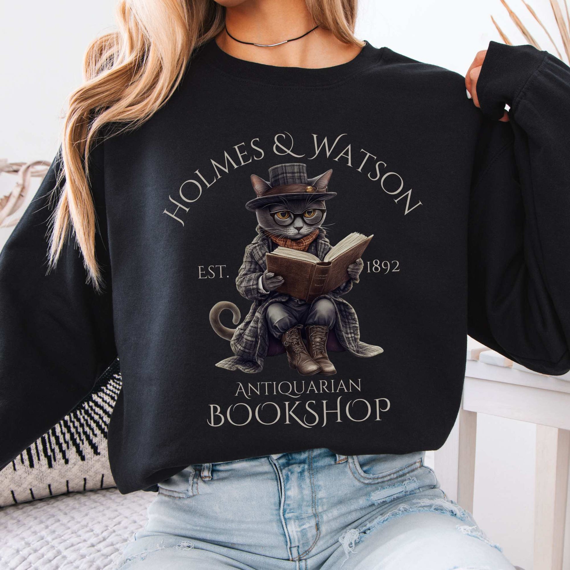Holmes & Watson Antiquarian Bookshop Sherlock Holmes Cat Sweatshirt Black / S Sweatshirt The Mystic Eden Bookish Book Lovers