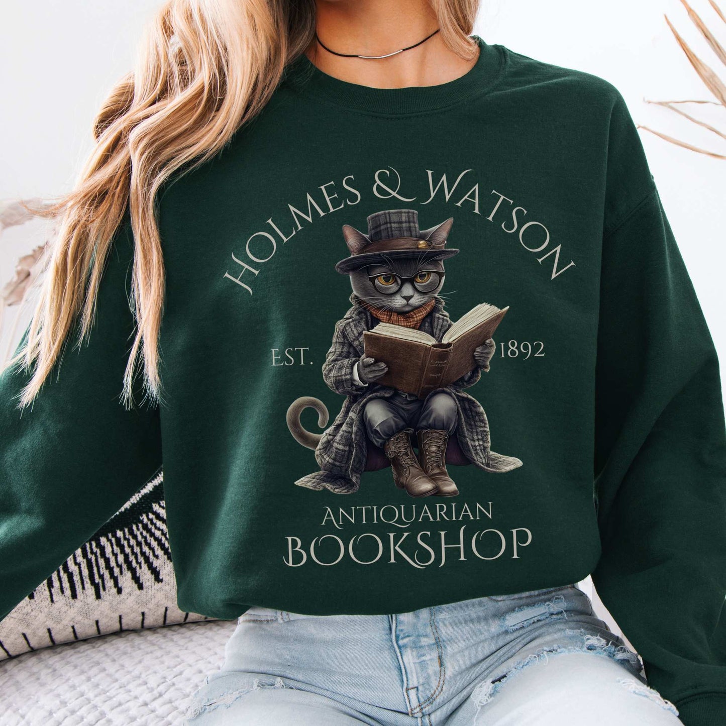 Holmes & Watson Antiquarian Bookshop Sherlock Holmes Cat Sweatshirt Forest Green / S Sweatshirt The Mystic Eden Bookish Book Lovers