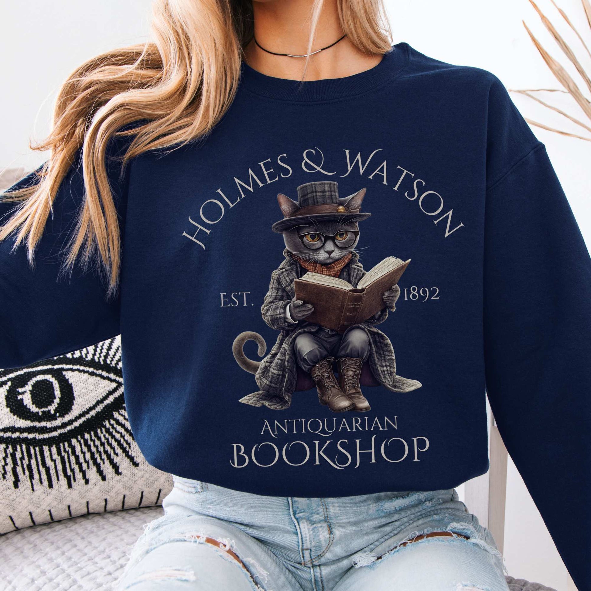 Holmes & Watson Antiquarian Bookshop Sherlock Holmes Cat Sweatshirt Navy / S Sweatshirt The Mystic Eden Bookish Book Lovers