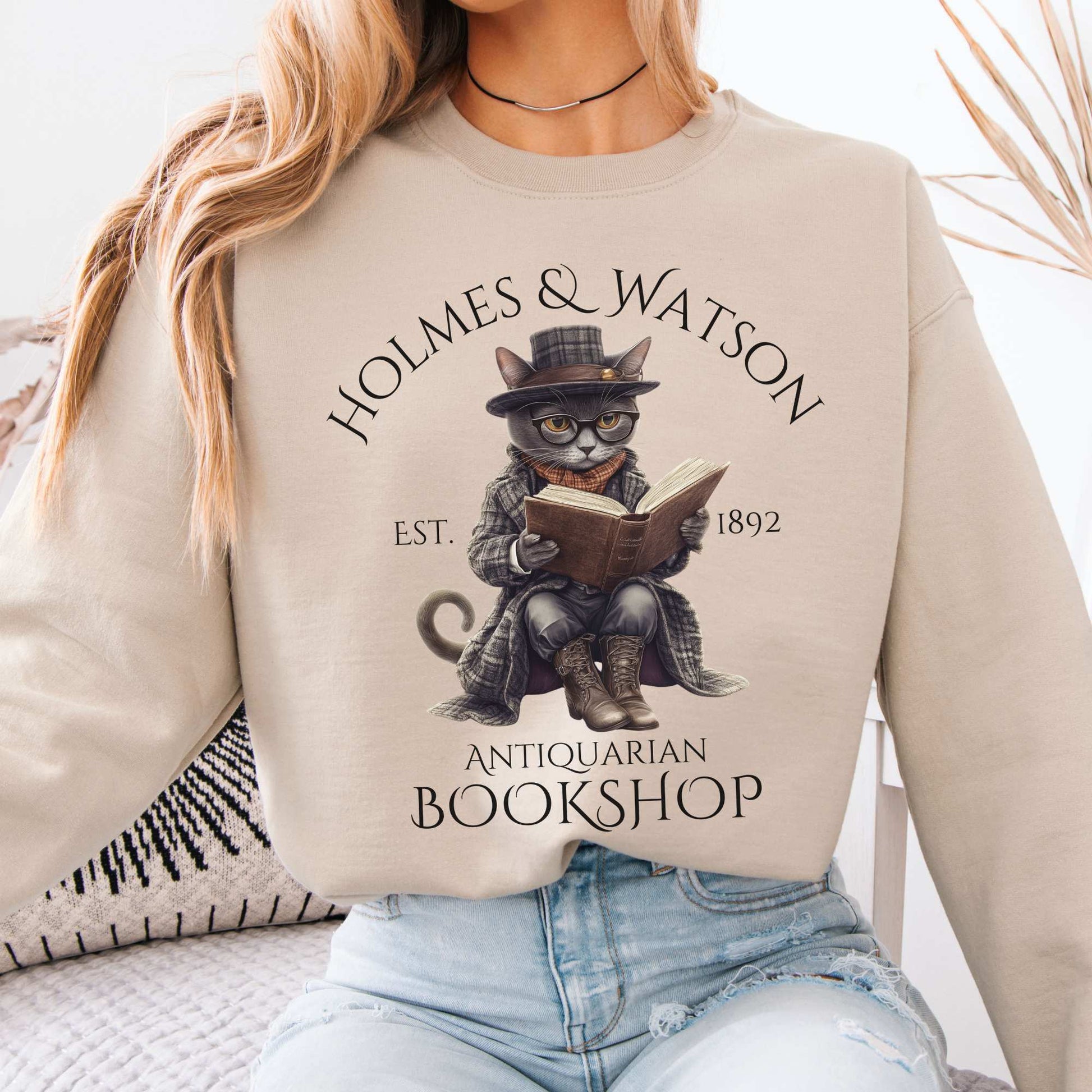 Holmes & Watson Antiquarian Bookshop Sherlock Holmes Cat Sweatshirt Sand / S Sweatshirt The Mystic Eden Bookish Book Lovers
