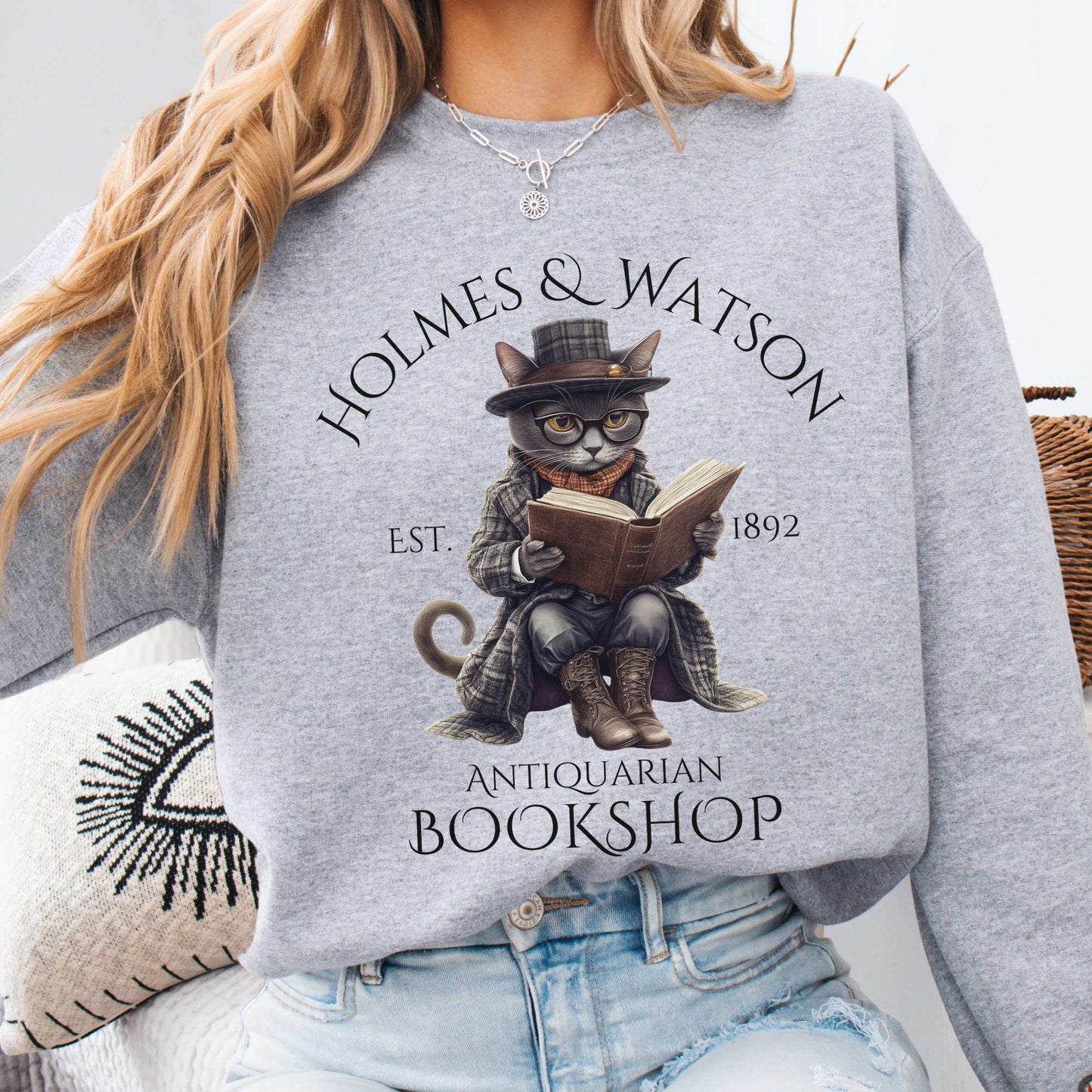 Holmes & Watson Antiquarian Bookshop Sherlock Holmes Cat Sweatshirt Sport Grey / S Sweatshirt The Mystic Eden Bookish Book Lovers