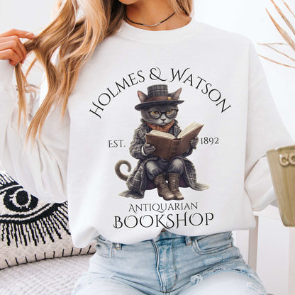 Holmes & Watson Antiquarian Bookshop Sherlock Holmes Cat Sweatshirt White / S Sweatshirt The Mystic Eden Bookish Book Lovers