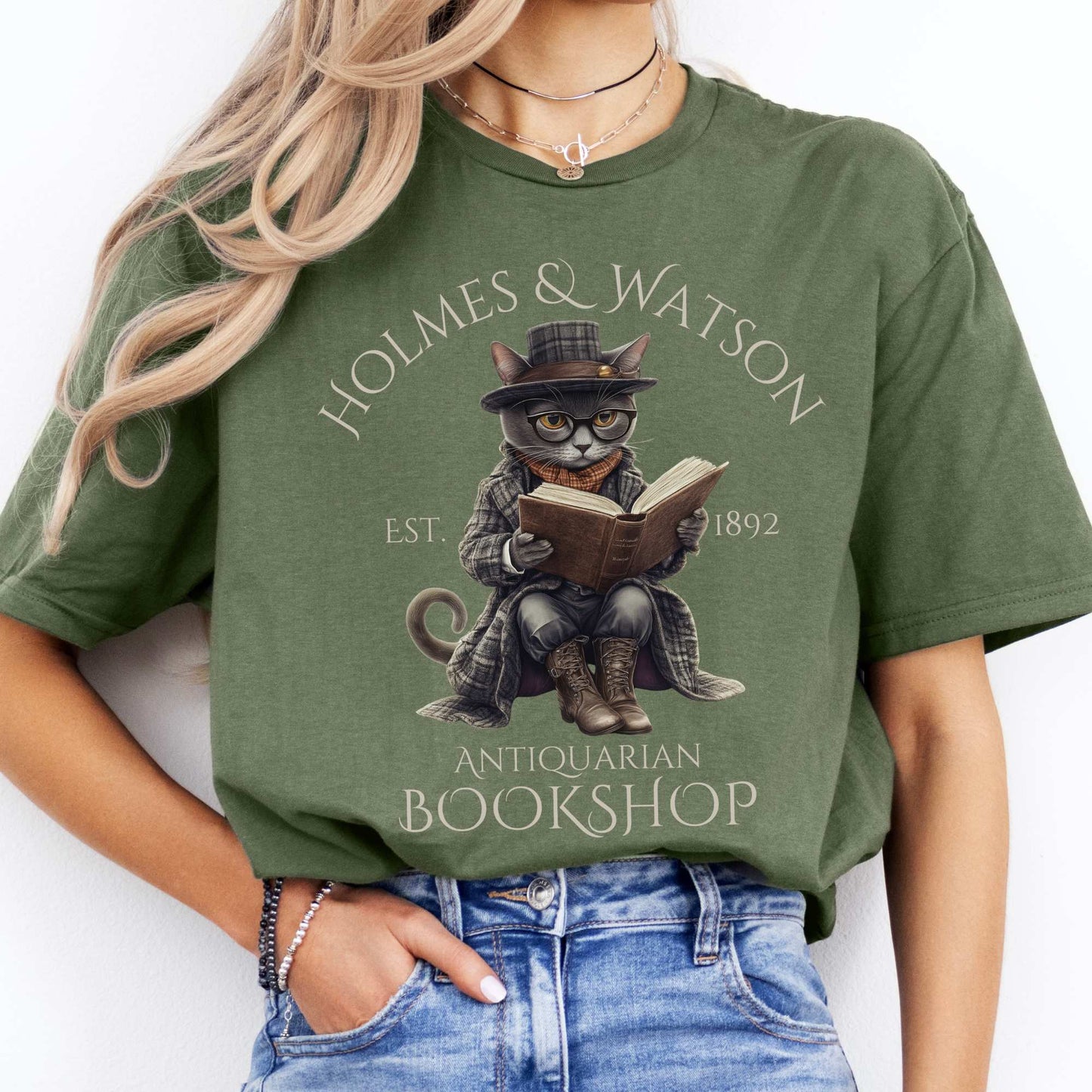 Holmes & Watson Antiquarian Bookshop - Sherlock Holmes Shirt Military Green / S T-Shirt The Mystic Eden Bookish Book Lovers