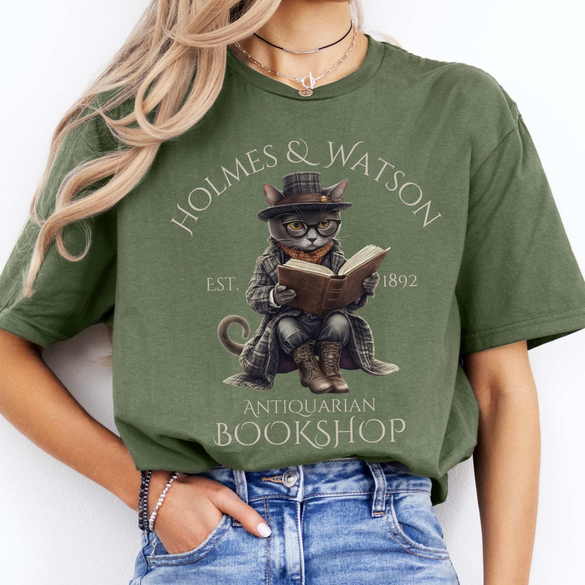 Holmes & Watson Antiquarian Bookshop - Sherlock Holmes Shirt Military Green / S T-Shirt The Mystic Eden Bookish Book Lovers