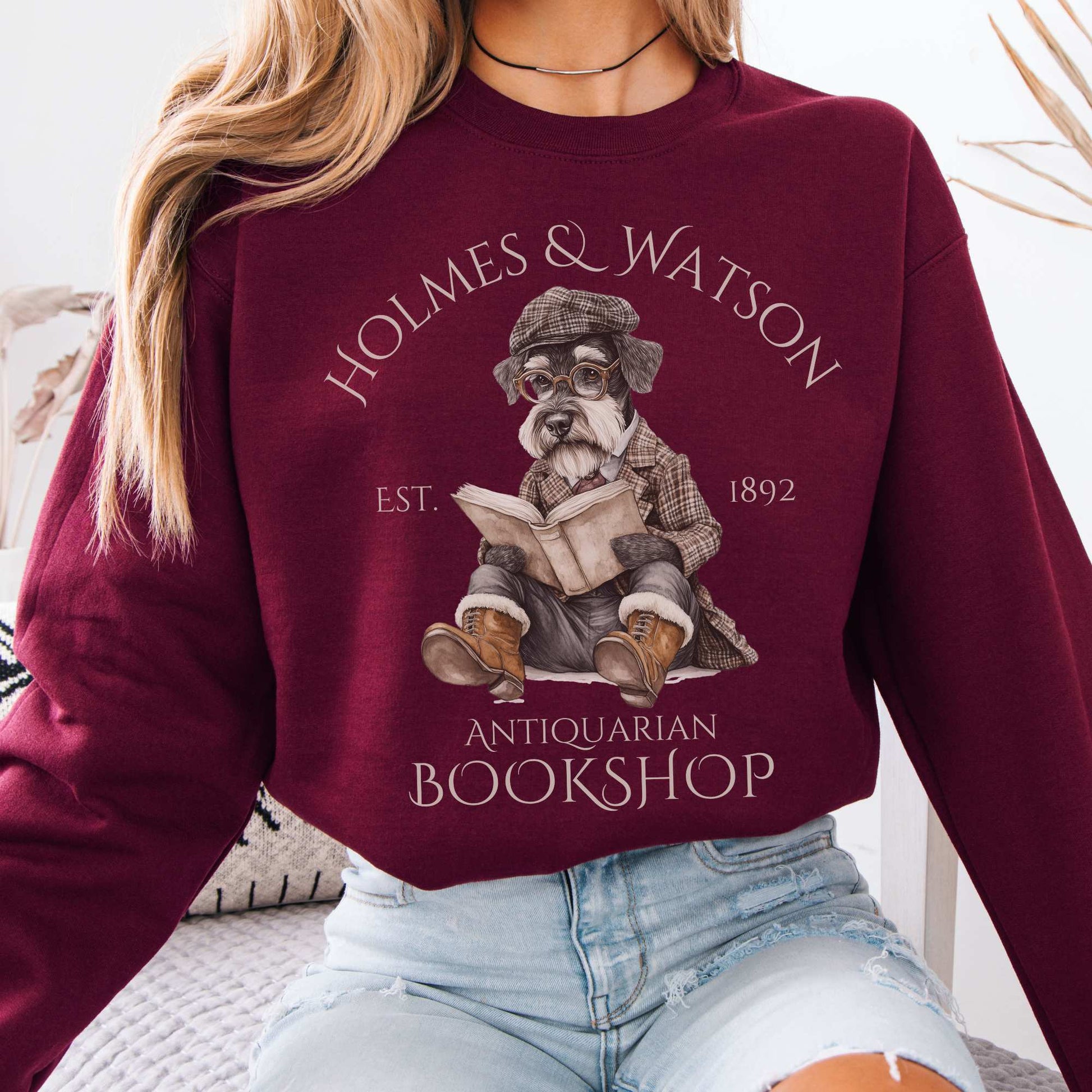Holmes & Watson Antiquarian Bookshop Sweatshirt (Dog) Maroon / S Sweatshirt The Mystic Eden Bookish Book Lovers
