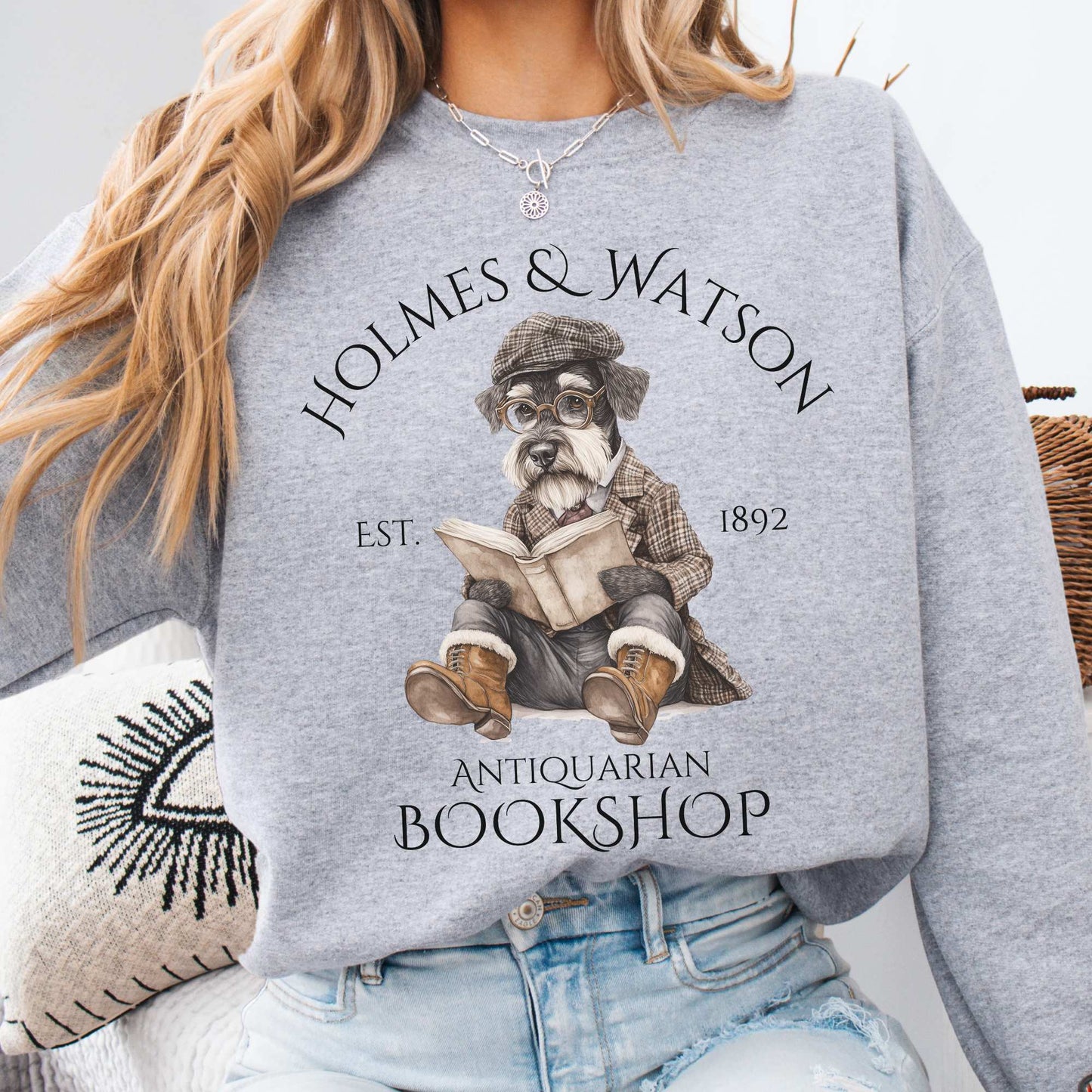 Holmes & Watson Antiquarian Bookshop Sweatshirt (Dog) Sport Grey / S Sweatshirt The Mystic Eden Bookish Book Lovers