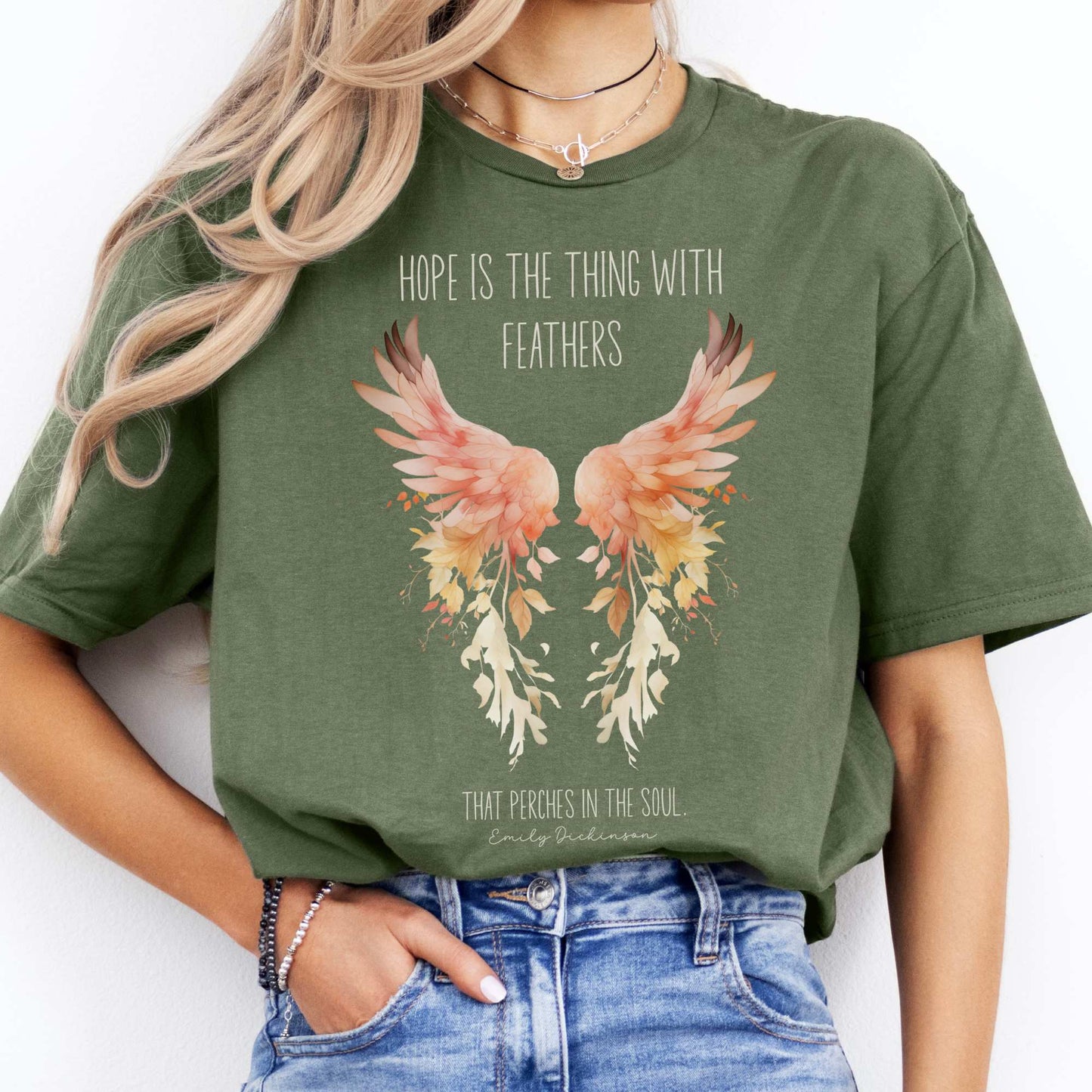 Hope is the Thing With Feathers Emily Dickinson T-Shirt Military Green / S T-Shirt The Mystic Eden Bookish Book Lovers