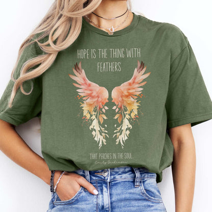 Hope is the Thing With Feathers Emily Dickinson T-Shirt Military Green / S T-Shirt The Mystic Eden Bookish Book Lovers
