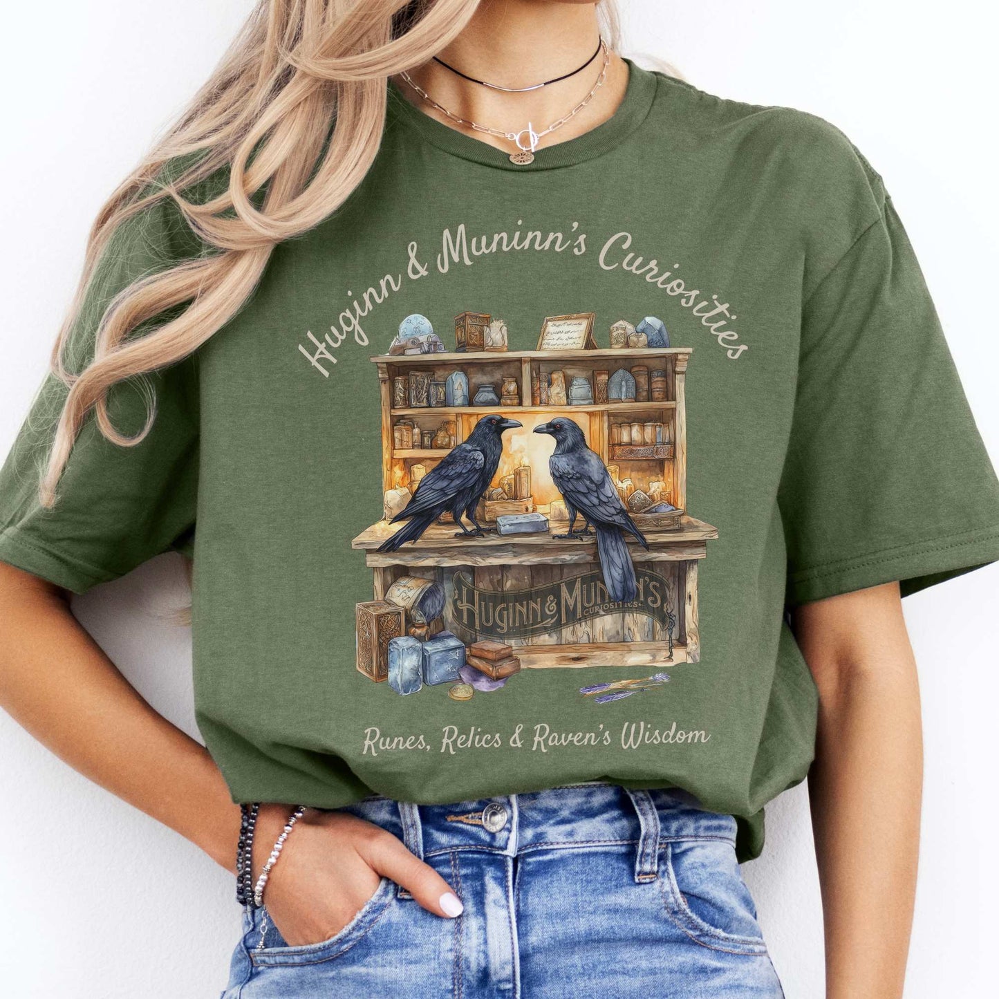 Huginn and Muninn's Curiosities Norse Gods Shirt Military Green / S T-Shirt The Mystic Eden Bookish Book Lovers