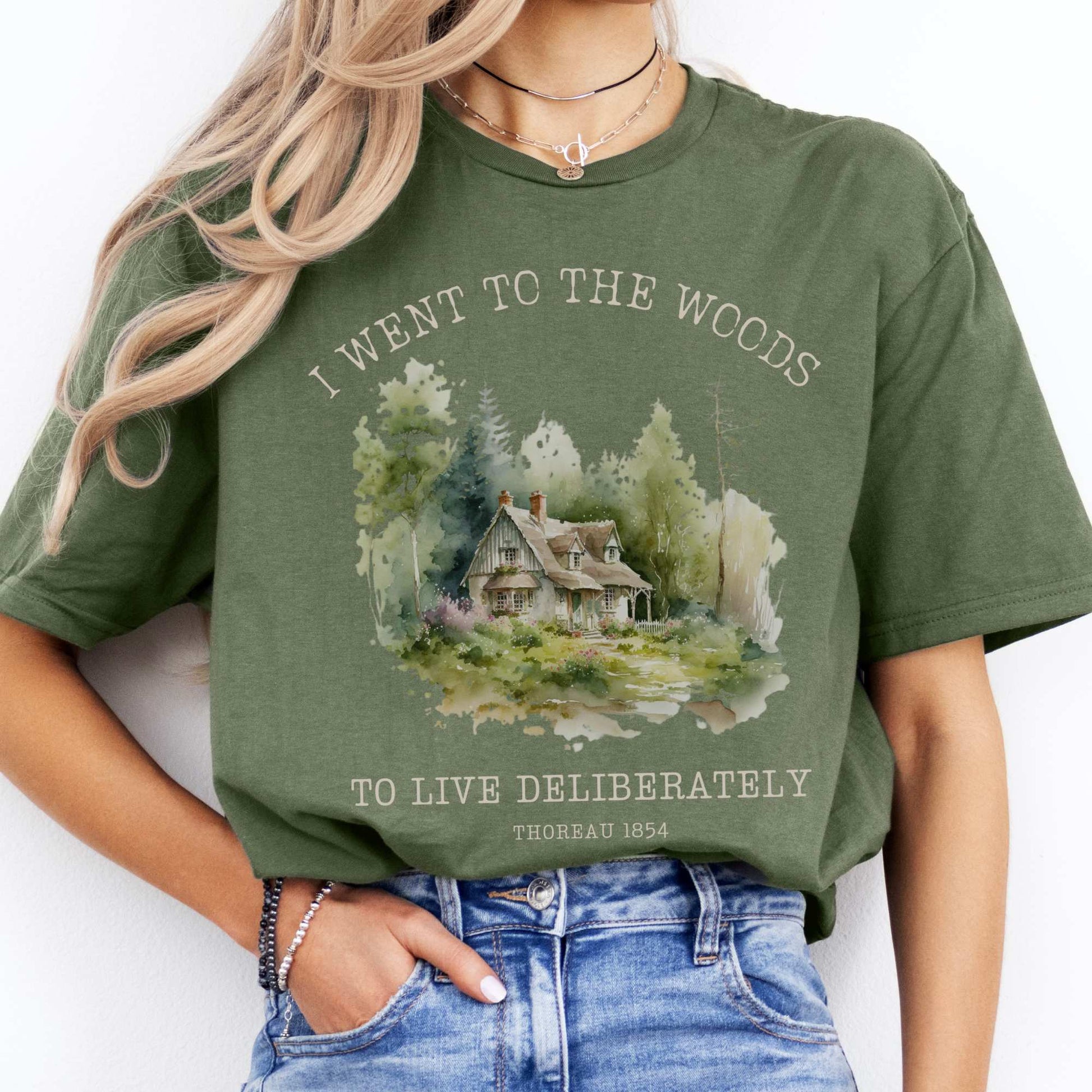 I Went To The Woods To Live Deliberately Henry Thoreau Tee Military Green / S T-Shirt The Mystic Eden Bookish Book Lovers