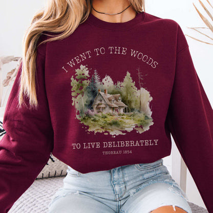 I Went To The Woods To Live Deliberately Thoreau Sweatshirt Maroon / S Sweatshirt The Mystic Eden Bookish Book Lovers
