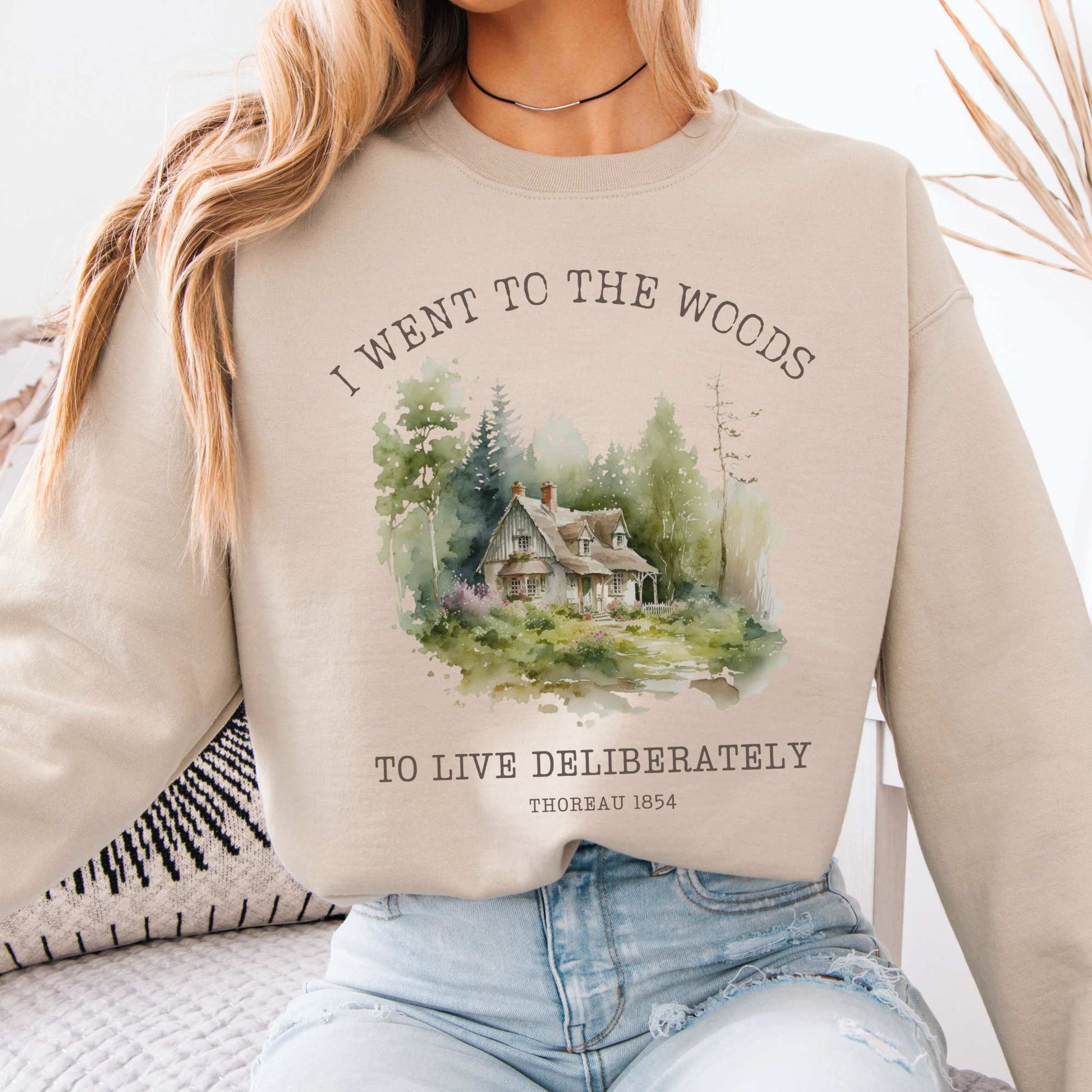 I Went To The Woods To Live Deliberately Thoreau Sweatshirt Sand / S Sweatshirt The Mystic Eden Bookish Book Lovers