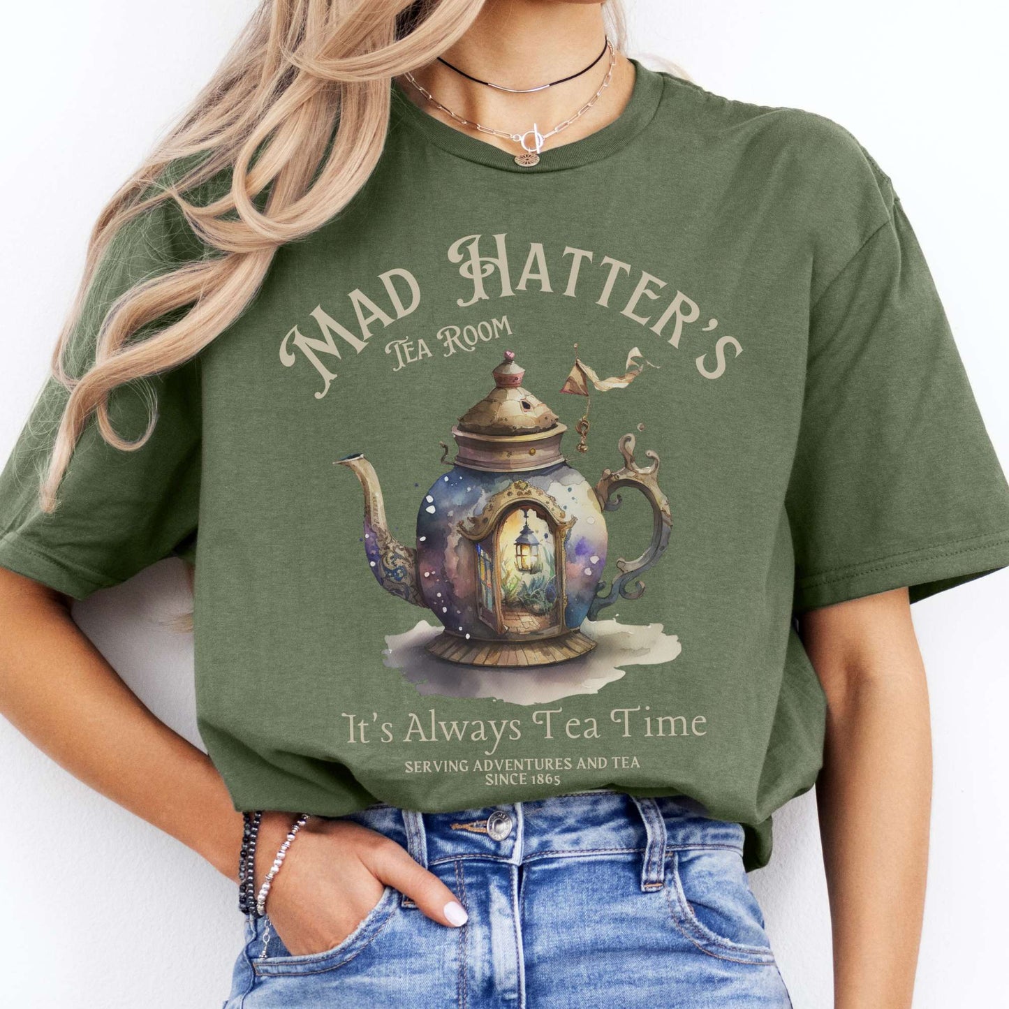 It's Alway's Tea Time Mad Hatter's Tea Room Shirt Military Green / S T-Shirt The Mystic Eden Bookish Book Lovers