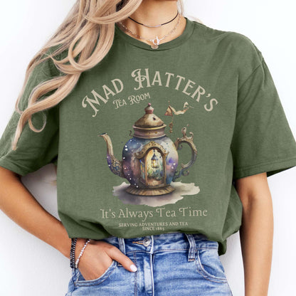 It's Alway's Tea Time Mad Hatter's Tea Room Shirt Military Green / S T-Shirt The Mystic Eden Bookish Book Lovers