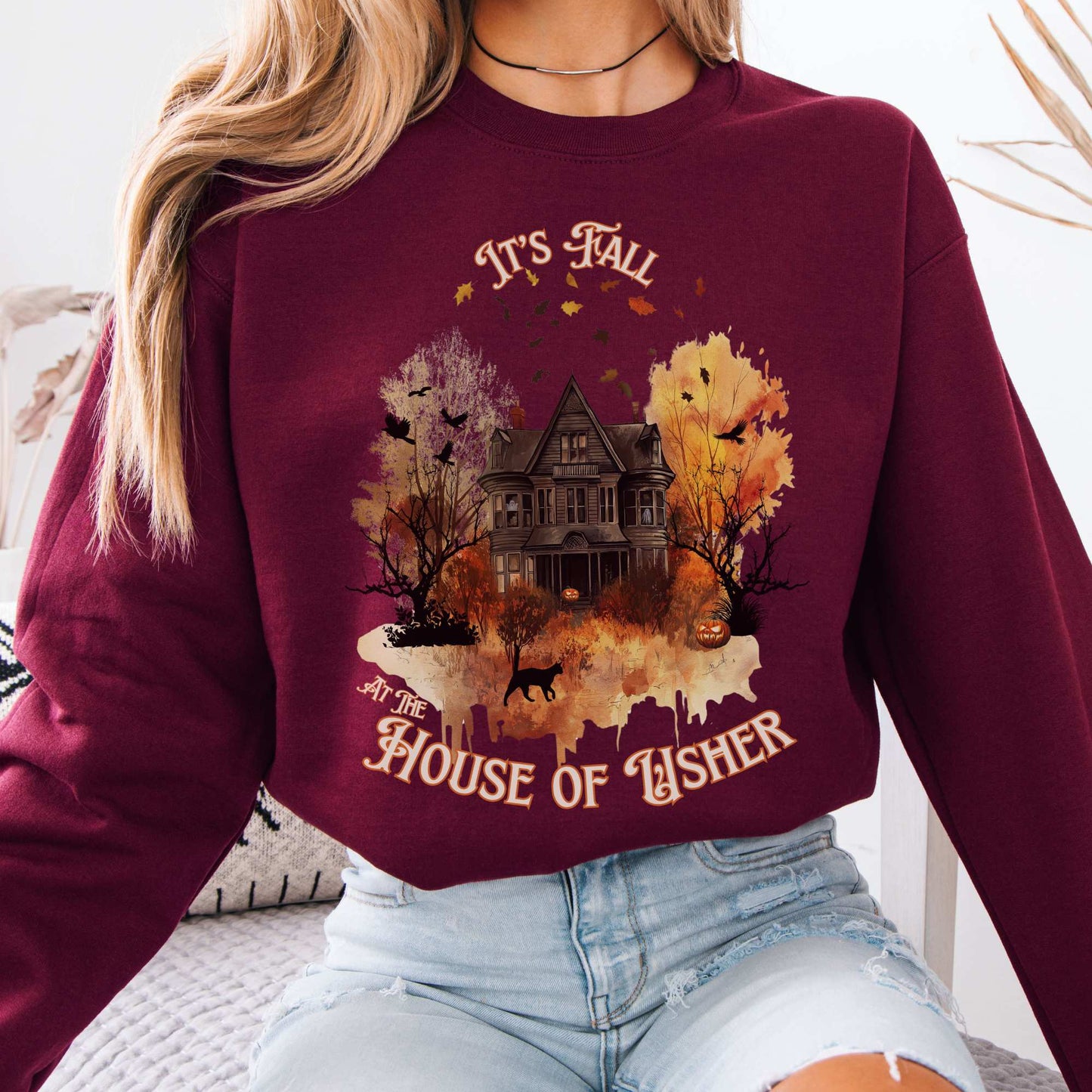It's Fall at the House of Usher - Edgar Allan Poe Fall Sweatshirt Maroon / S Sweatshirt The Mystic Eden Bookish Book Lovers
