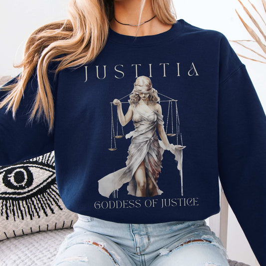 Justitia Goddess of Justice Greek Mythology Sweatshirt Navy / S Sweatshirt The Mystic Eden Bookish Book Lovers