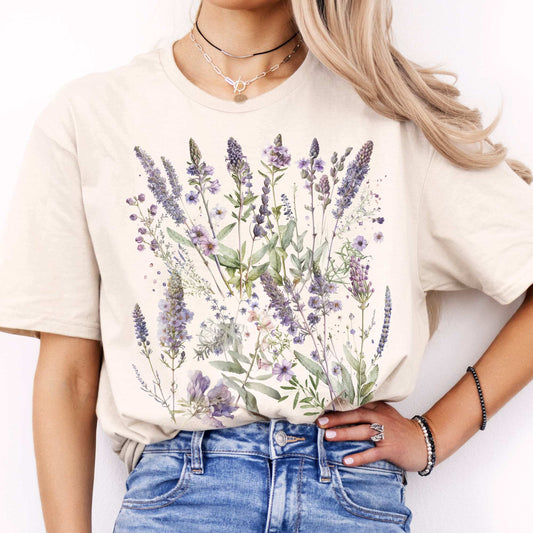 Lavender Floral Shirt Spring Cottagecore Shirt Natural / S T-Shirt The Mystic Eden Bookish Book Lovers