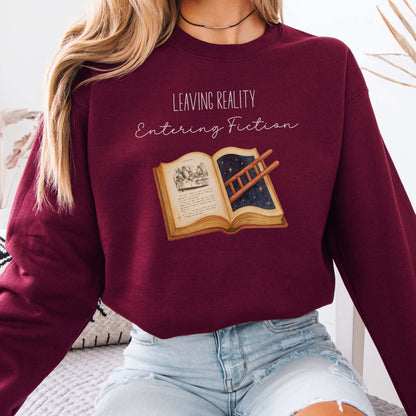 Leaving Reality Entering Fiction Sweatshirt Maroon / S Sweatshirt The Mystic Eden Bookish Book Lovers
