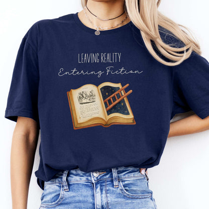 Leaving Reality Entering Fiction T-Shirt Navy / S T-Shirt The Mystic Eden Bookish Book Lovers