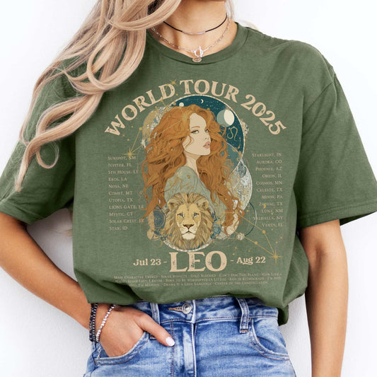 Leo Concert T-Shirt - Zodiac World Tour 2025 Shirt Military Green / S T-Shirt The Mystic Eden Bookish Book Lovers