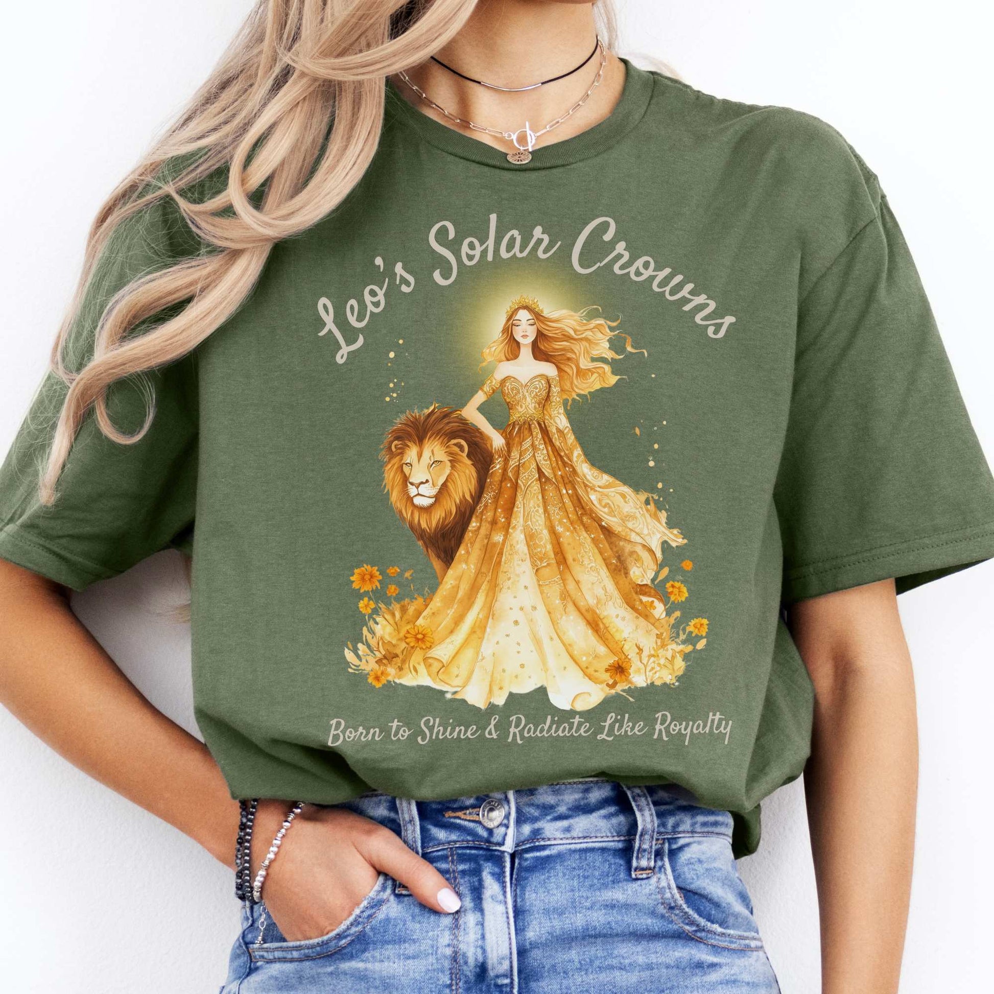 Leo's Solar Crowns Zodiac Shirt Military Green / S T-Shirt The Mystic Eden Bookish Book Lovers