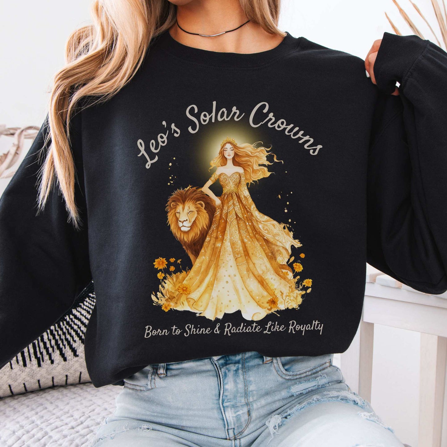Leo's Solar Crowns Zodiac Sweatshirt Black / S Sweatshirt The Mystic Eden Bookish Book Lovers
