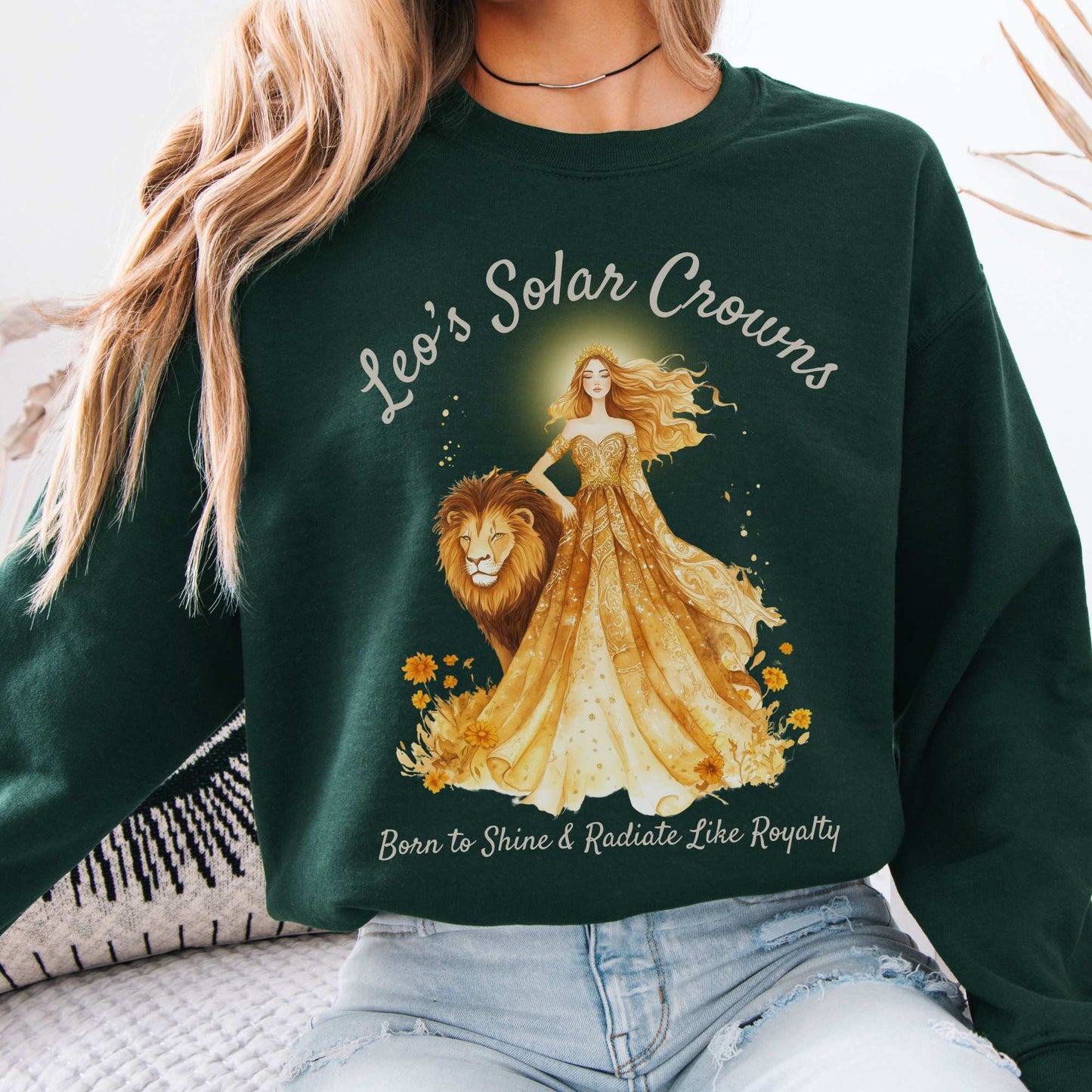 Leo's Solar Crowns Zodiac Sweatshirt Forest Green / S Sweatshirt The Mystic Eden Bookish Book Lovers