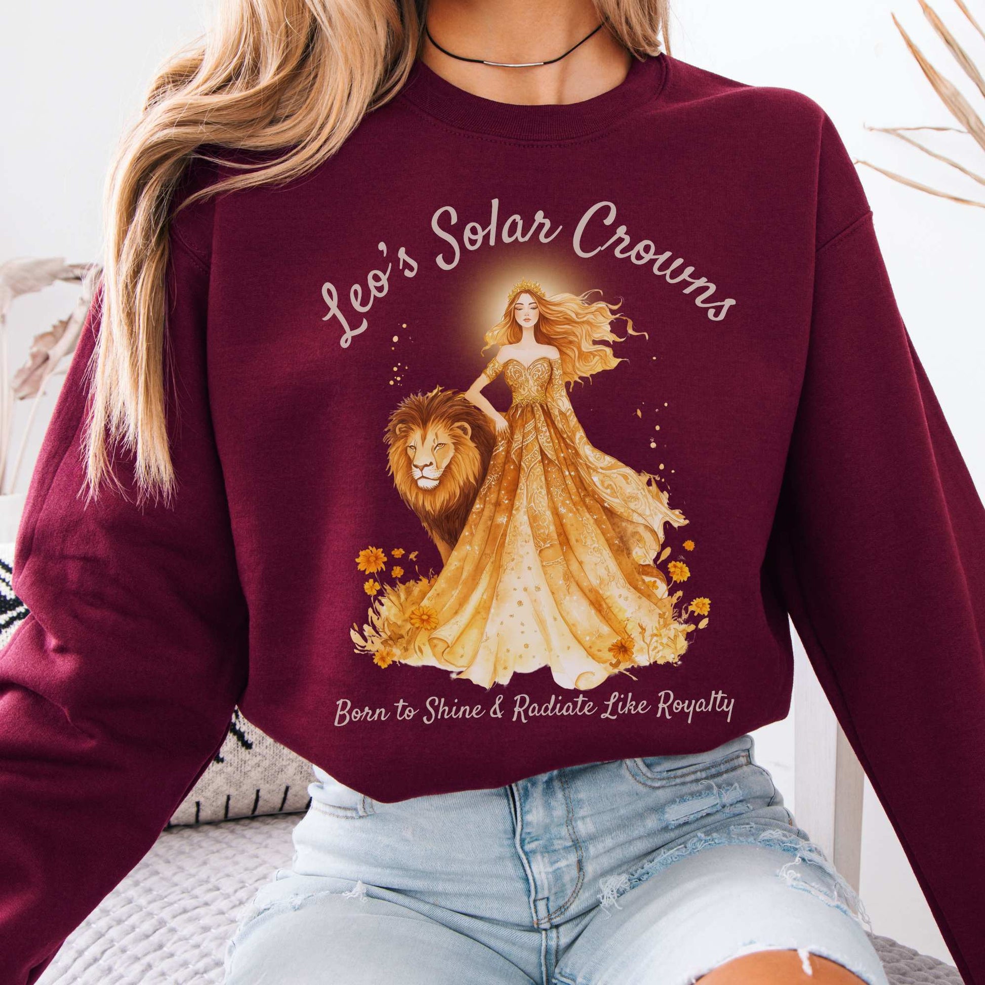Leo's Solar Crowns Zodiac Sweatshirt Maroon / S Sweatshirt The Mystic Eden Bookish Book Lovers
