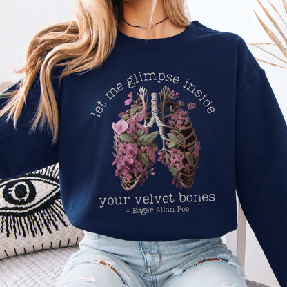 Let Me Glimpse Inside Your Velvet Bones Edgar Allan Poe Sweatshirt Navy / S Sweatshirt The Mystic Eden Bookish Book Lovers