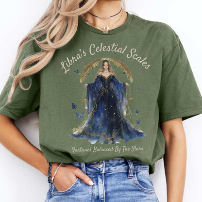 Libra's Celestial Scales Zodiac Shirt Military Green / S T-Shirt The Mystic Eden Bookish Book Lovers