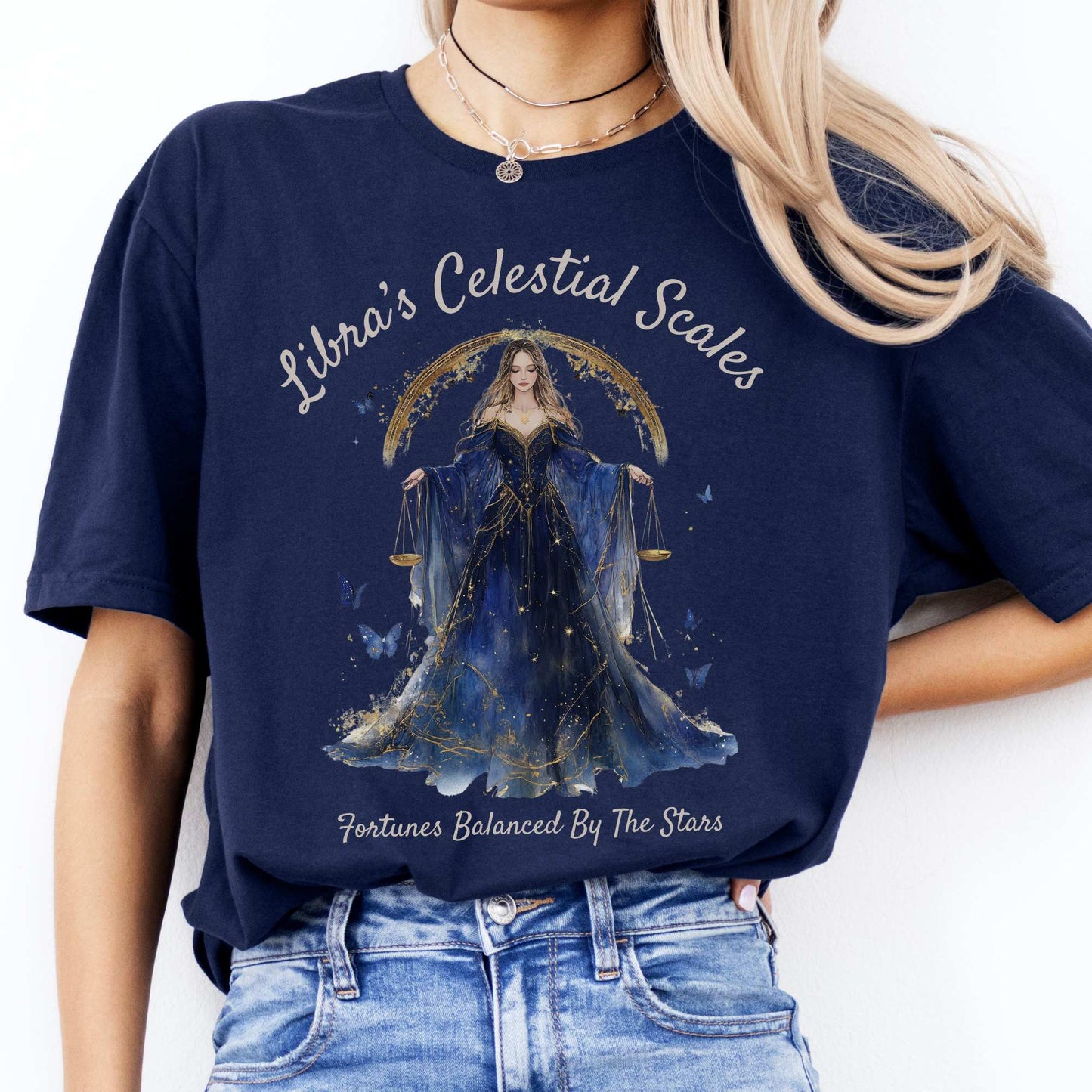 Libra's Celestial Scales Zodiac Shirt Navy / S T-Shirt The Mystic Eden Bookish Book Lovers