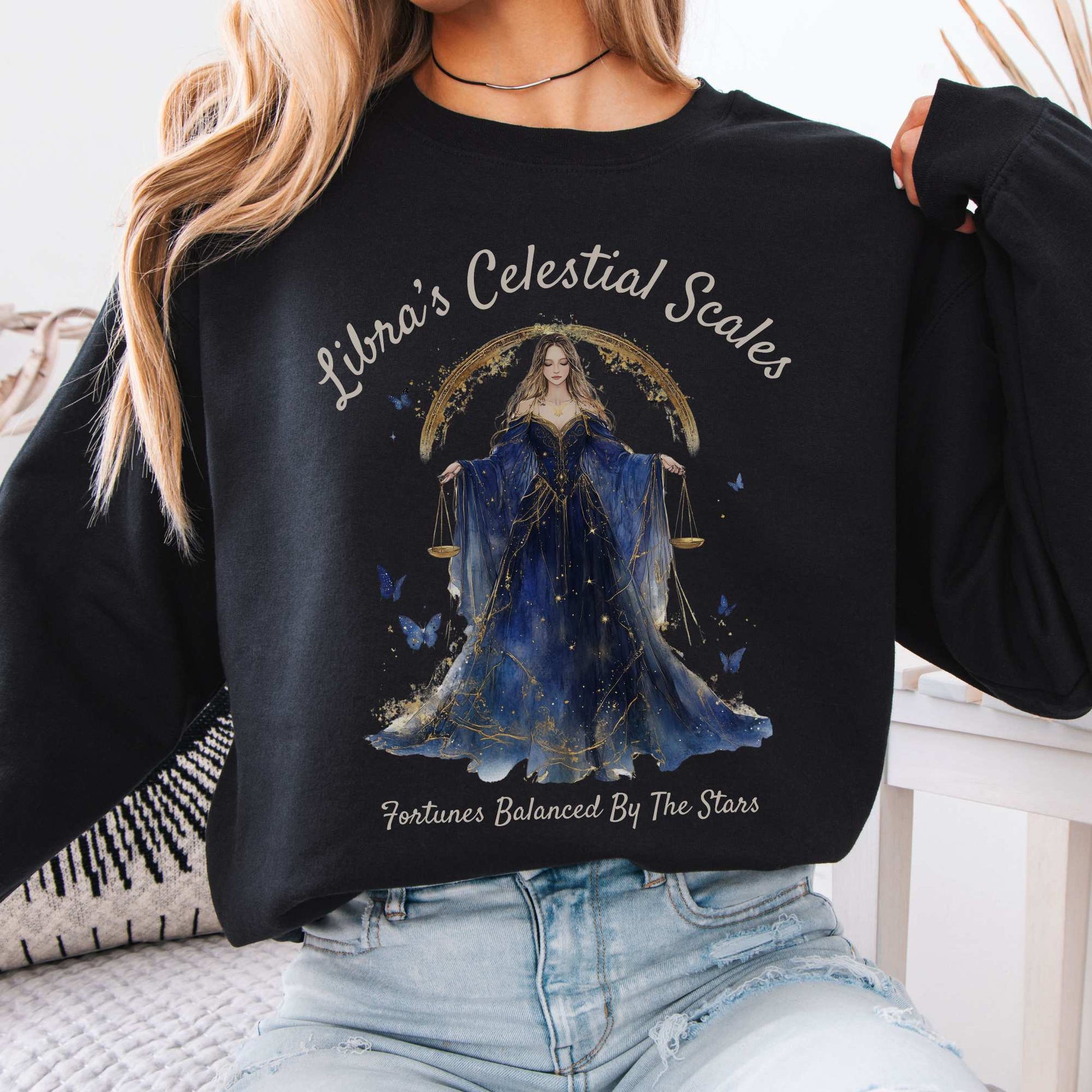 Libra's Celestial Scales Zodiac Sweatshirt Black / S Sweatshirt The Mystic Eden Bookish Book Lovers