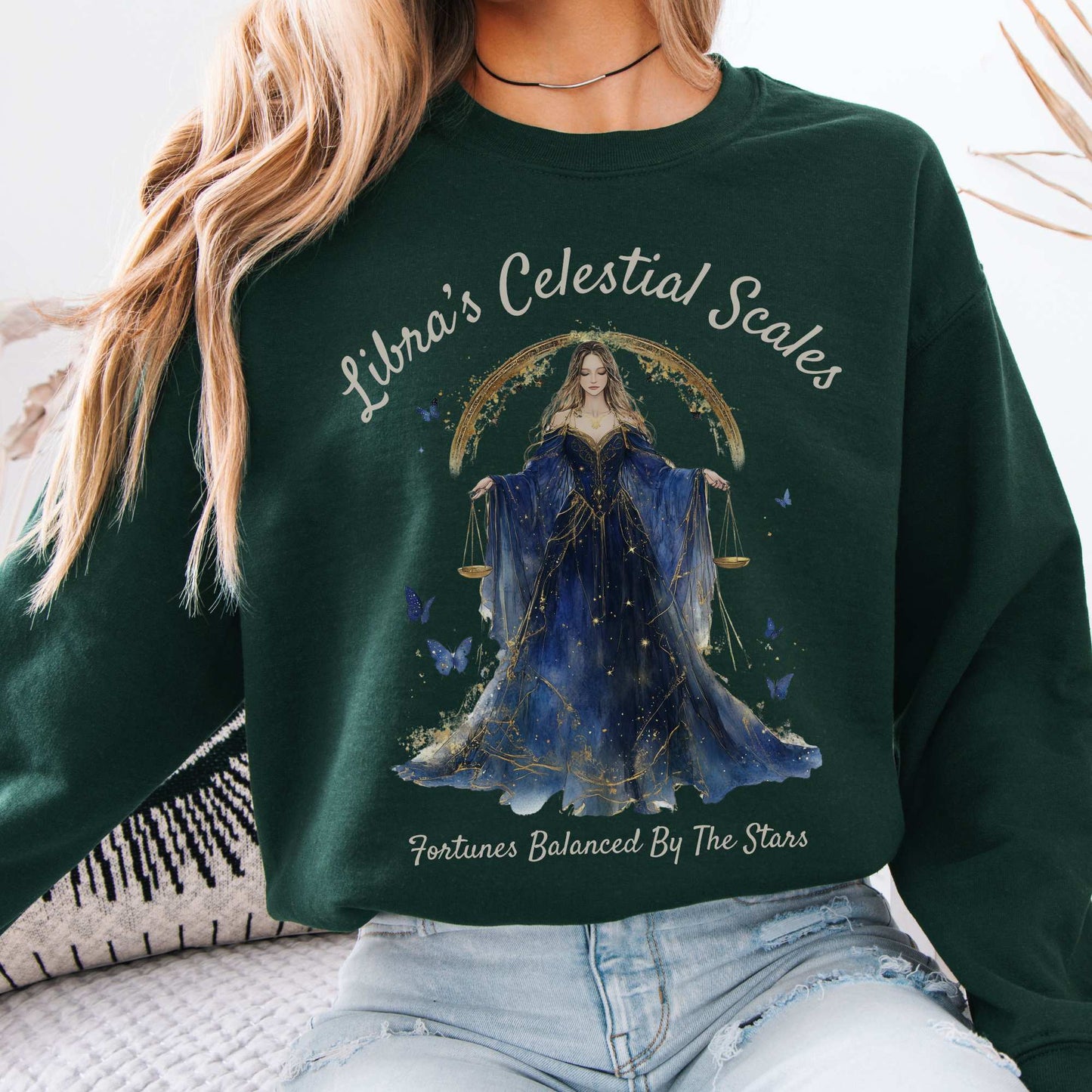 Libra's Celestial Scales Zodiac Sweatshirt Forest Green / S Sweatshirt The Mystic Eden Bookish Book Lovers