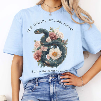 Look Like The Innocent Flower But Be The Serpent Under't Shakespeare Shirt Light Blue / S T-Shirt The Mystic Eden Bookish Book Lovers