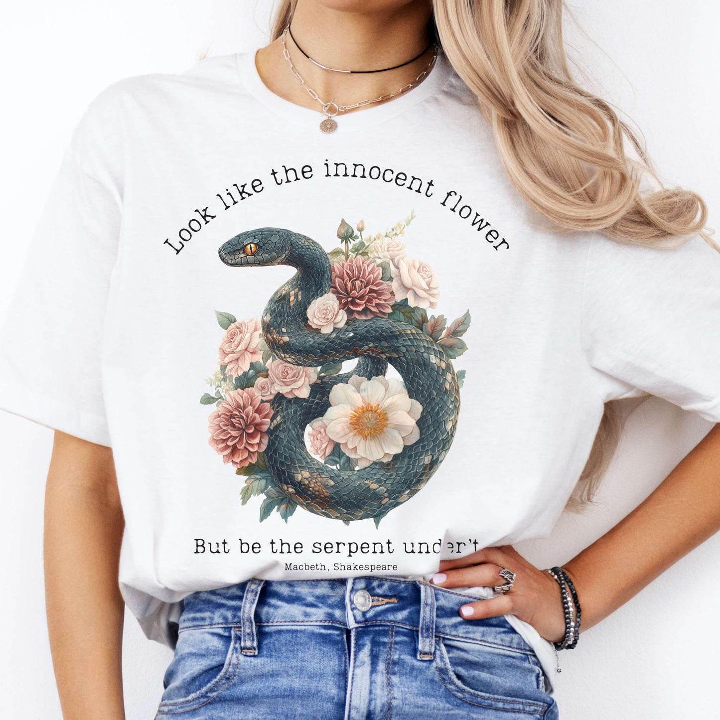 Look Like The Innocent Flower But Be The Serpent Under't Shakespeare Shirt White / S T-Shirt The Mystic Eden Bookish Book Lovers