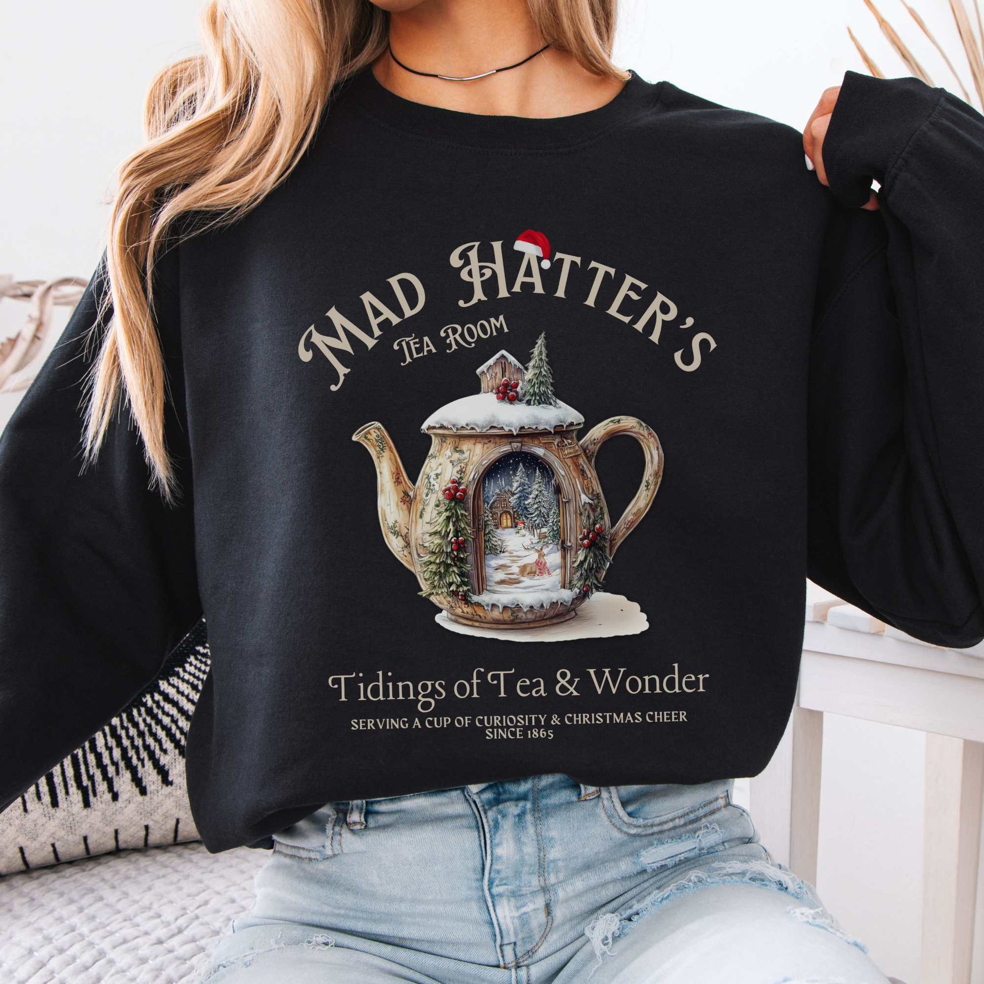 Mad Hatter's Tea Room Christmas Edition Sweatshirt Black / S Sweatshirt The Mystic Eden Bookish Book Lovers