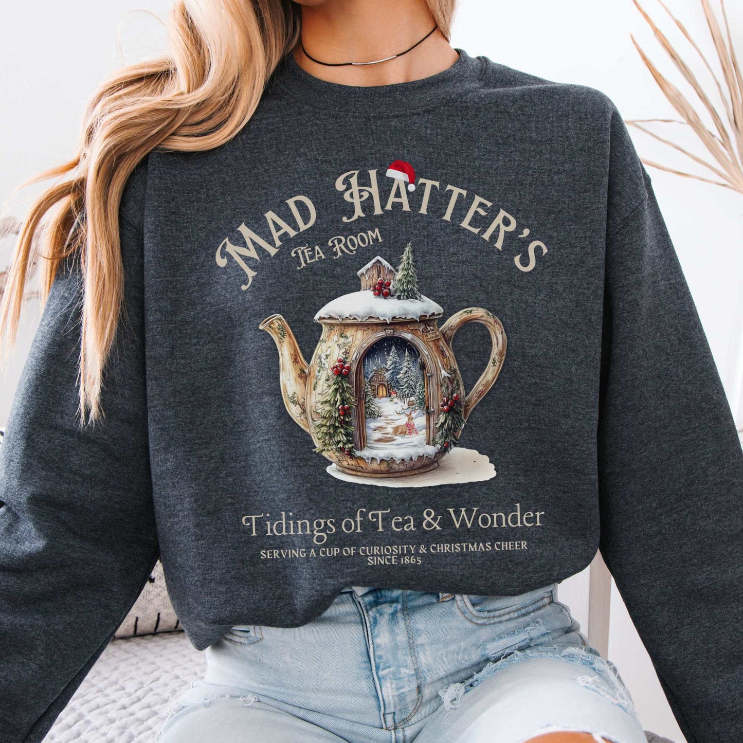 Mad Hatter's Tea Room Christmas Edition Sweatshirt Dark Heather / S Sweatshirt The Mystic Eden Bookish Book Lovers