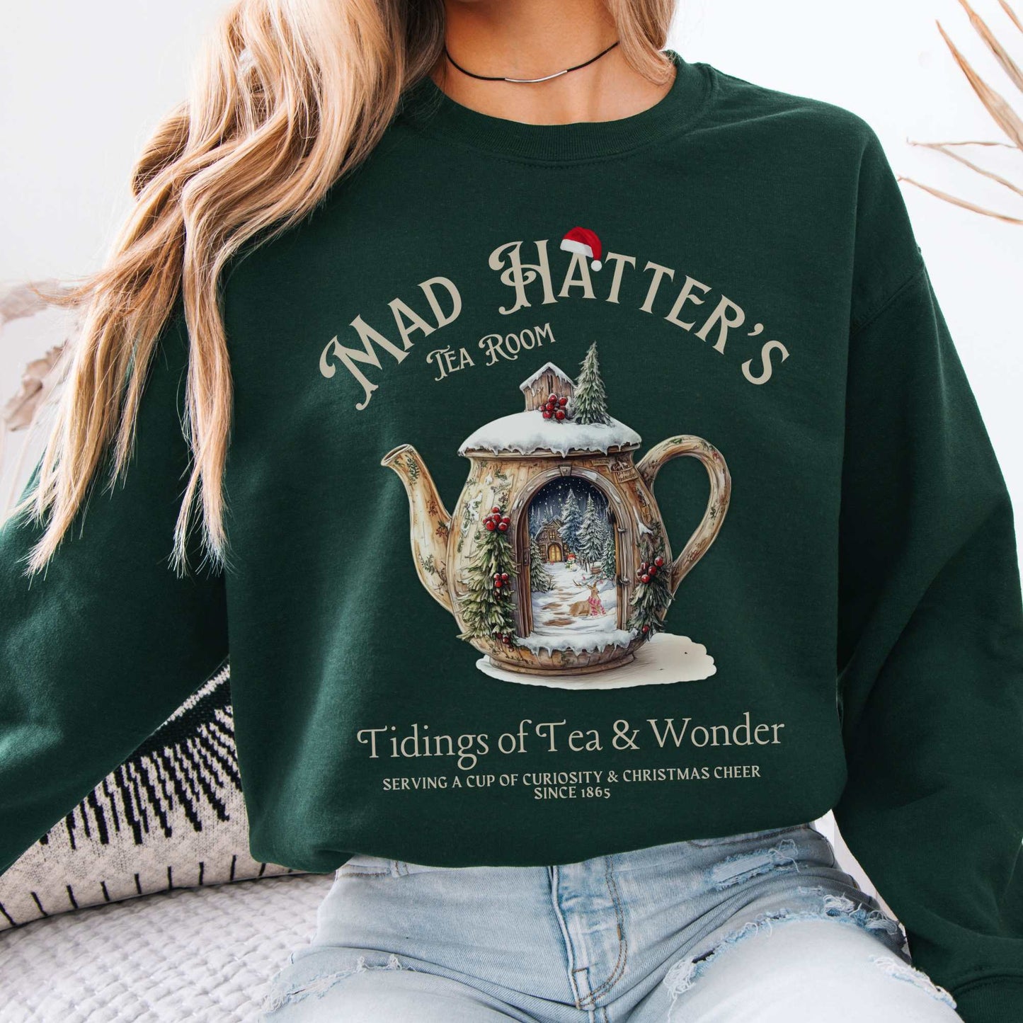 Mad Hatter's Tea Room Christmas Edition Sweatshirt Forest Green / S Sweatshirt The Mystic Eden Bookish Book Lovers