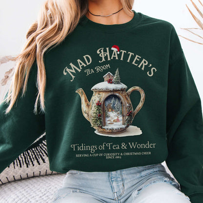 Mad Hatter's Tea Room Christmas Edition Sweatshirt Forest Green / S Sweatshirt The Mystic Eden Bookish Book Lovers