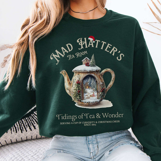Mad Hatter's Tea Room Christmas Edition Sweatshirt Forest Green / S Sweatshirt The Mystic Eden Bookish Book Lovers