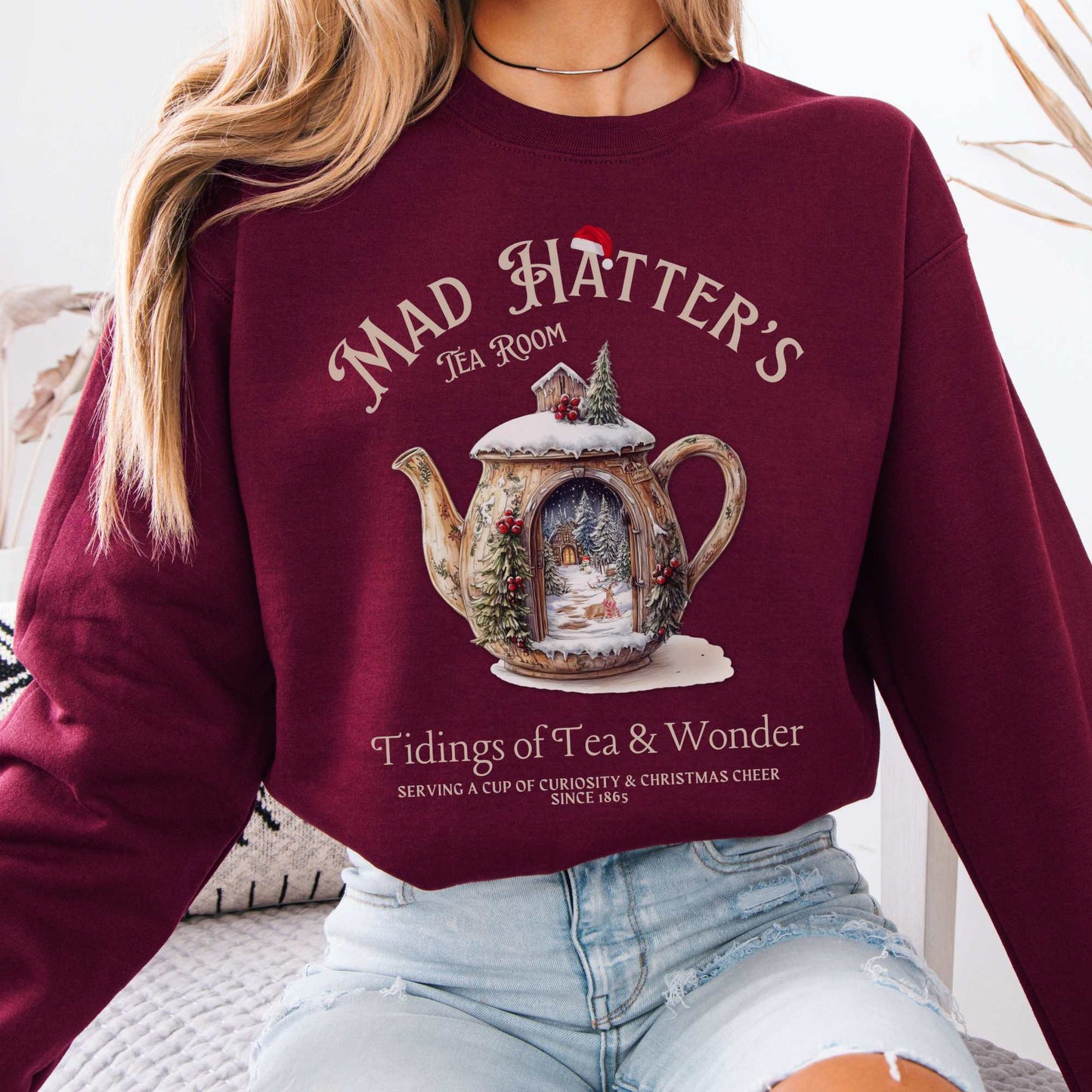Mad Hatter's Tea Room Christmas Edition Sweatshirt Maroon / S Sweatshirt The Mystic Eden Bookish Book Lovers