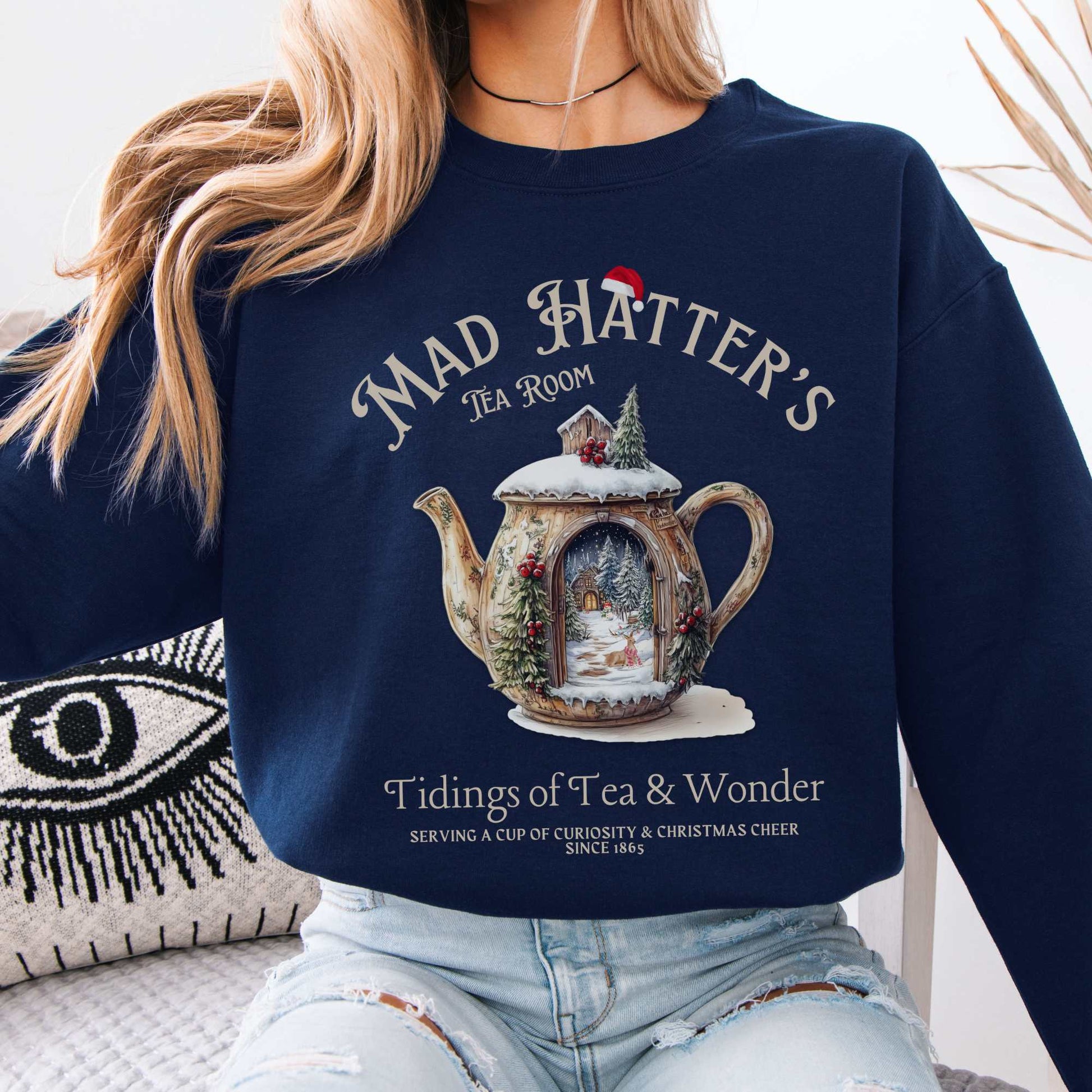 Mad Hatter's Tea Room Christmas Edition Sweatshirt Navy / S Sweatshirt The Mystic Eden Bookish Book Lovers
