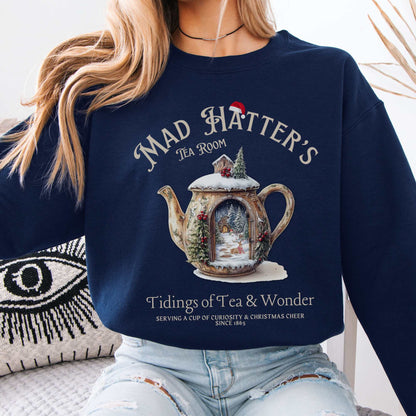 Mad Hatter's Tea Room Christmas Edition Sweatshirt Navy / S Sweatshirt The Mystic Eden Bookish Book Lovers