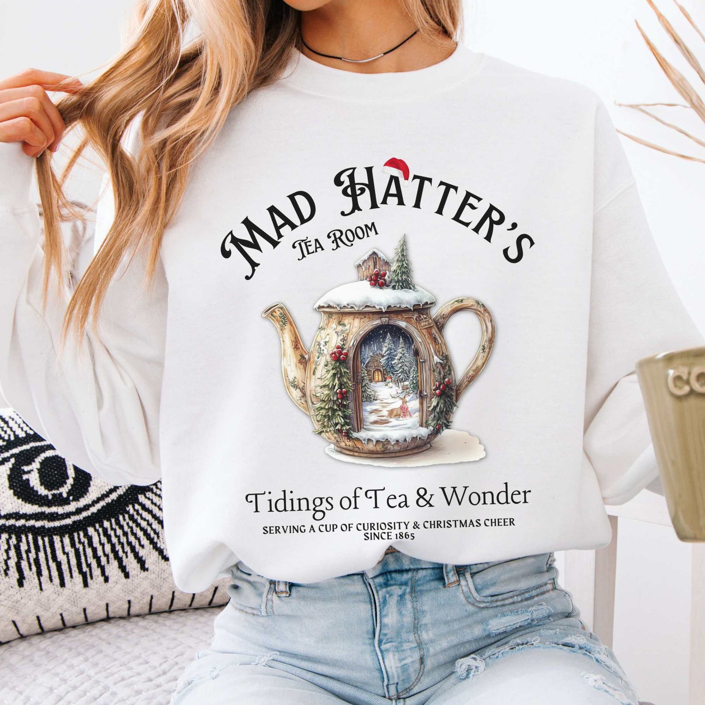Mad Hatter's Tea Room Christmas Edition Sweatshirt White / S Sweatshirt The Mystic Eden Bookish Book Lovers