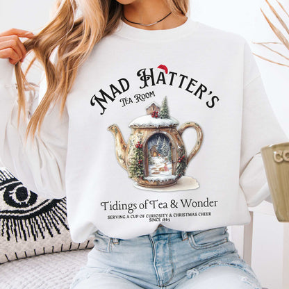 Mad Hatter's Tea Room Christmas Edition Sweatshirt White / S Sweatshirt The Mystic Eden Bookish Book Lovers
